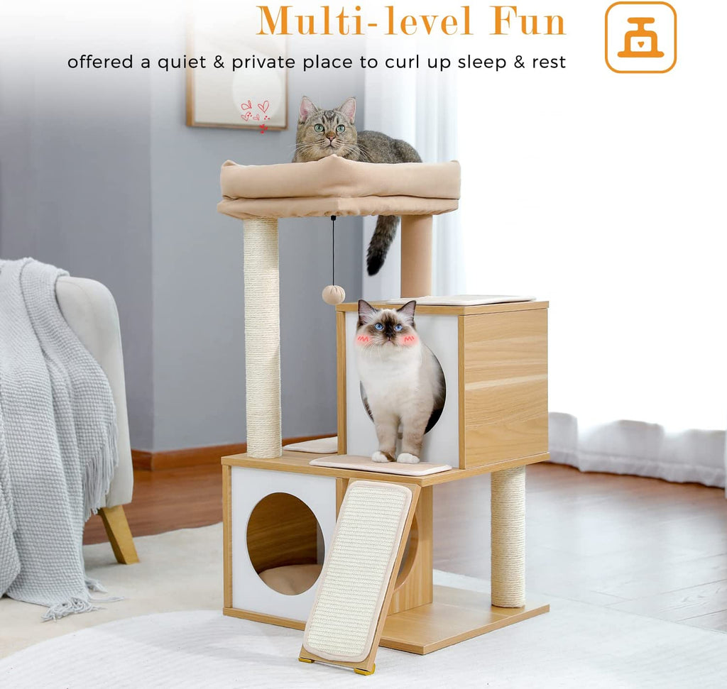 35" Modern Cat Tower Dual Condos, Wooden Cat Tree Large Cats