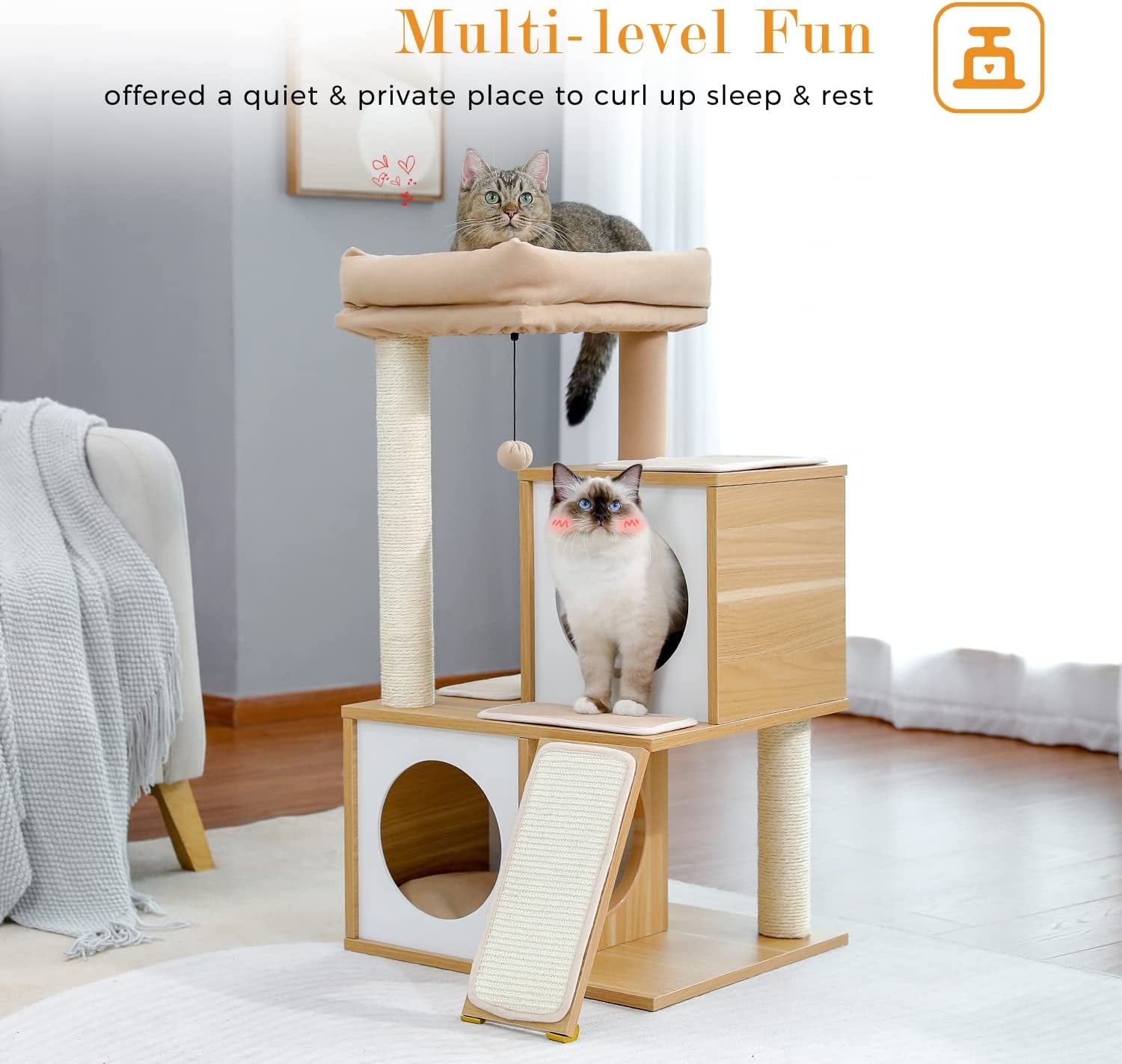 35" Modern Cat Tower Dual Condos, Wooden Cat Tree Large Cats