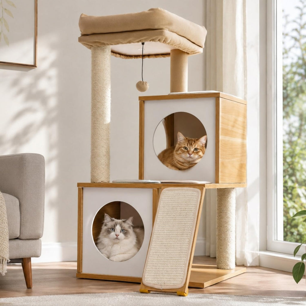 35" Modern Cat Tower Dual Condos, Wooden Cat Tree Large Cats