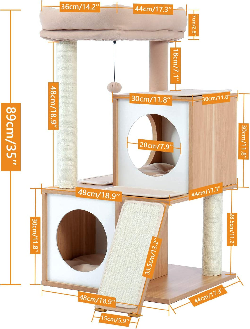35" Modern Cat Tower Dual Condos, Wooden Cat Tree Large Cats