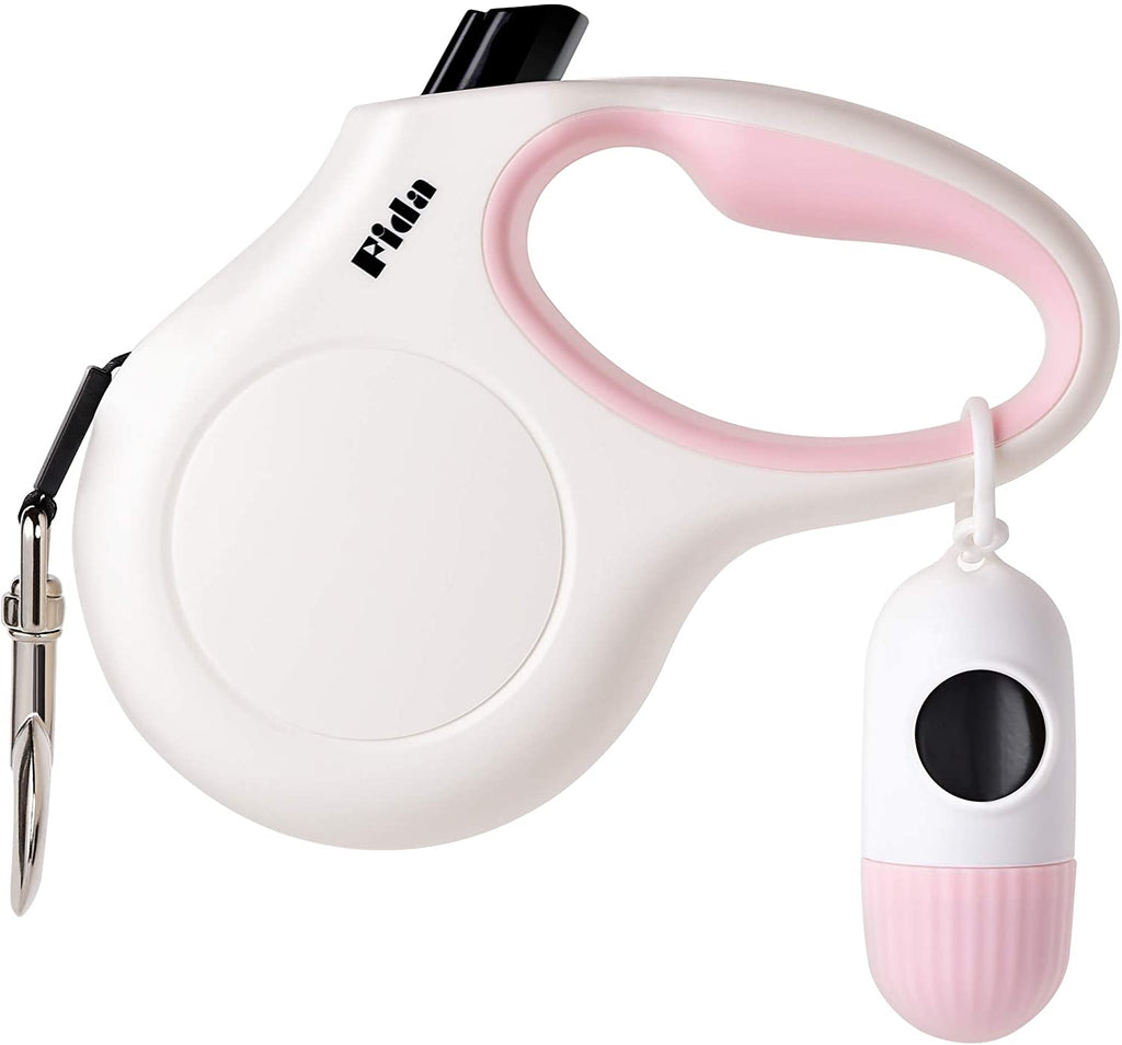 Retractable Dog Leash with Dispenser and Poop Bags, 10Ft, White & Pink