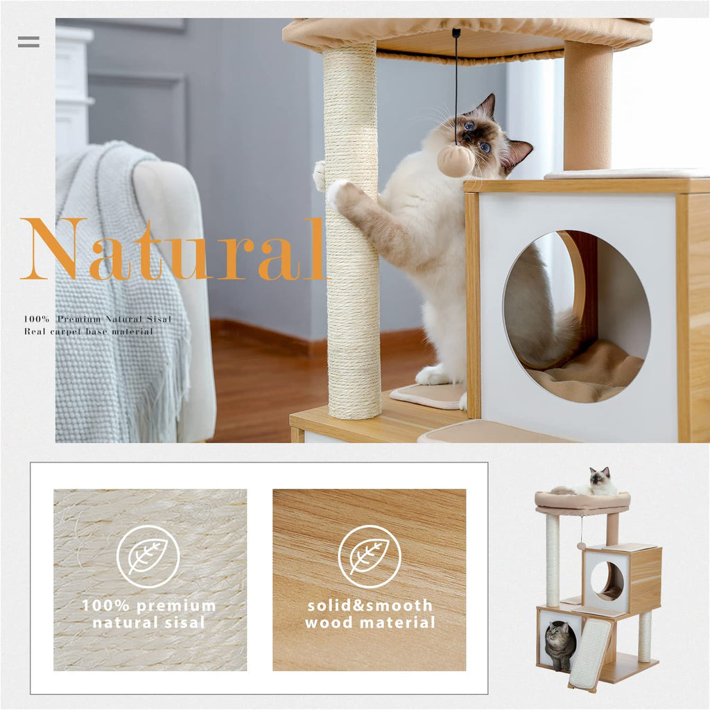 35" Modern Cat Tower Dual Condos, Wooden Cat Tree Large Cats