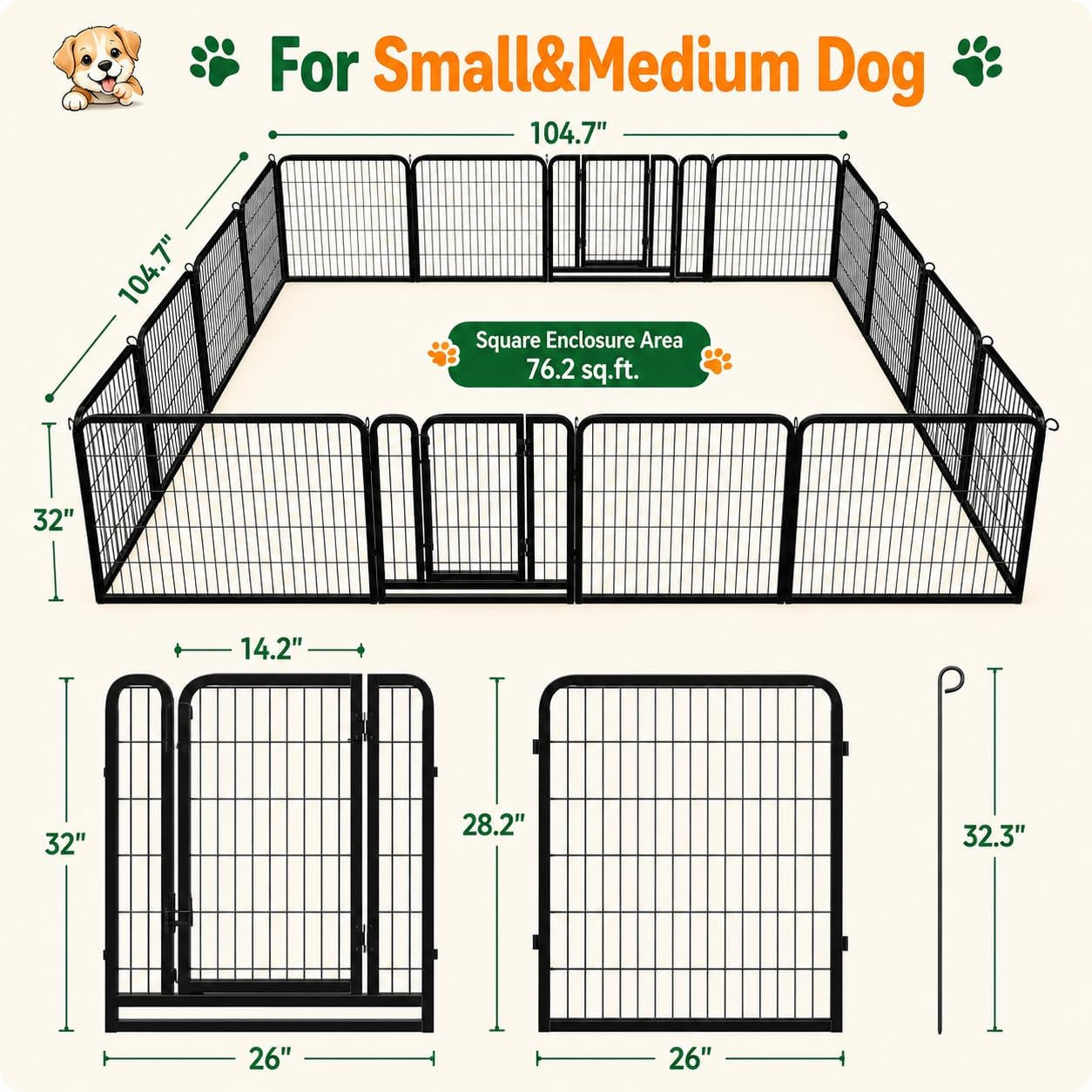 Dog Playpen 32In 16 Panels Pet Fence for Indoor Yard RV Camping