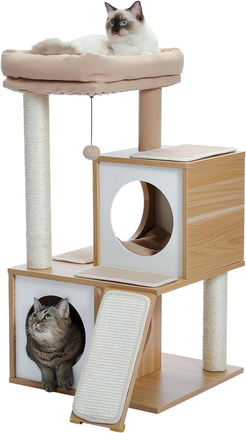 35" Modern Cat Tower Dual Condos, Wooden Cat Tree Large Cats